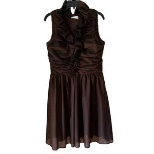 Calvin Klein Sleeveless Ruffle V-Neck Ruched Bodice Brown Cotton Dress Womens 14